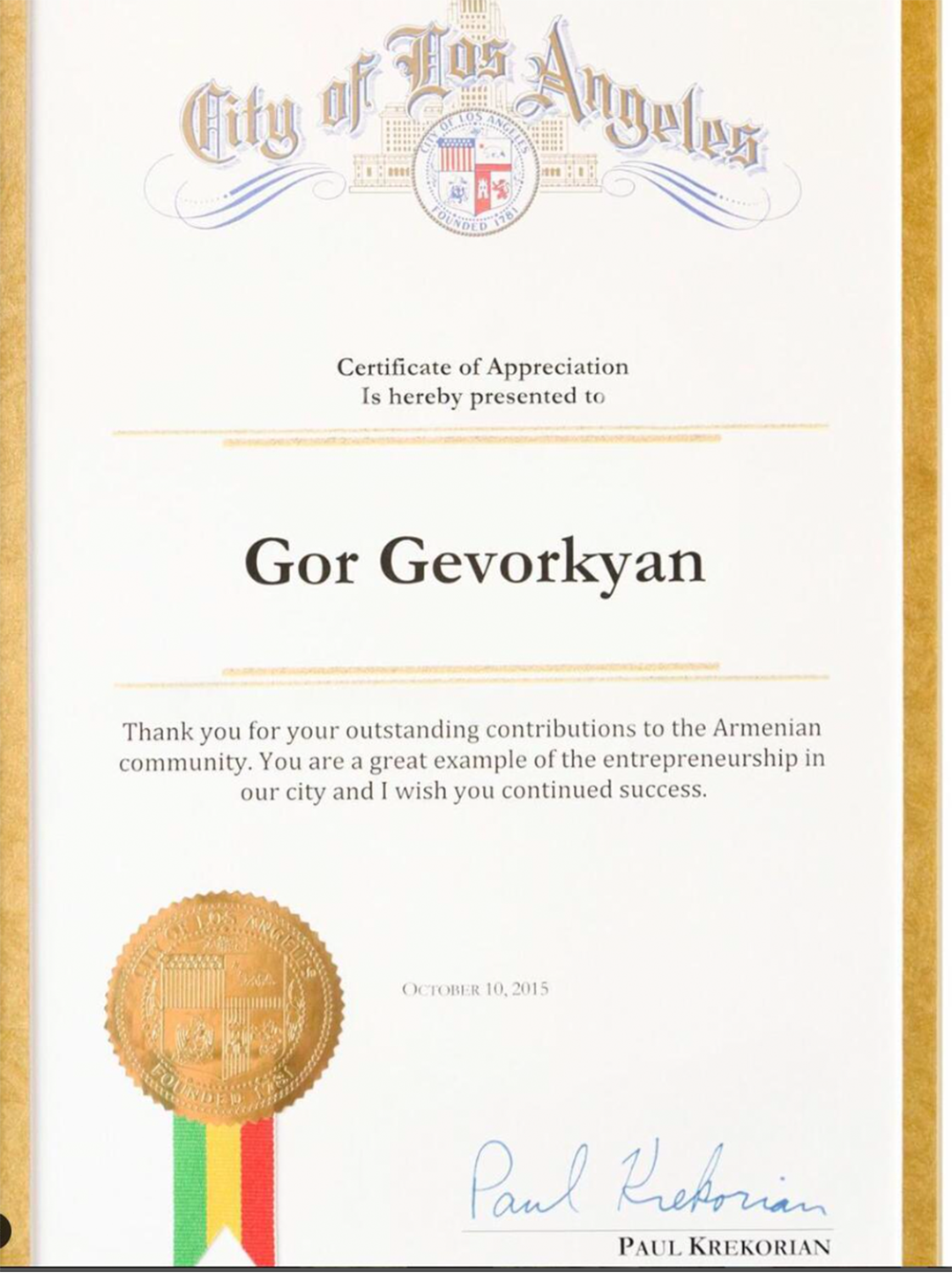 Full City of LA Certificate